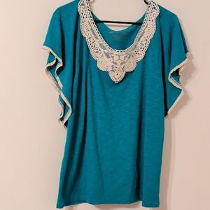 Vintage Fresh Teal Blouse with Lace Detail